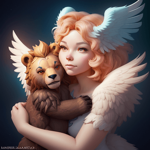AI generated: a close up of aa lion with angel wings, hugging a grizzly bear, lois van baarle and rossdraws, beepl...