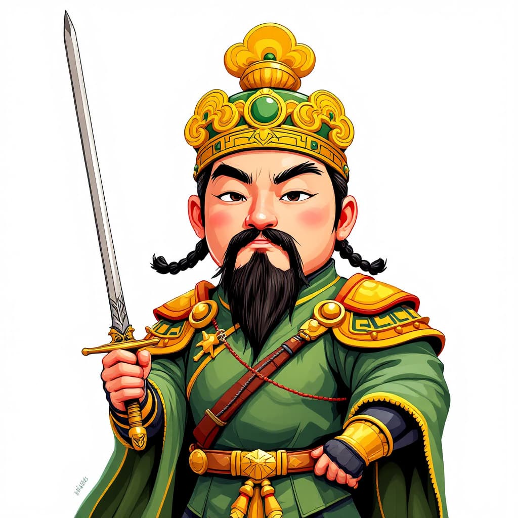 AI generated: Cartoon style illustration of ancient Chinese general Guan Yu wearing green armor and yellow helmet ...