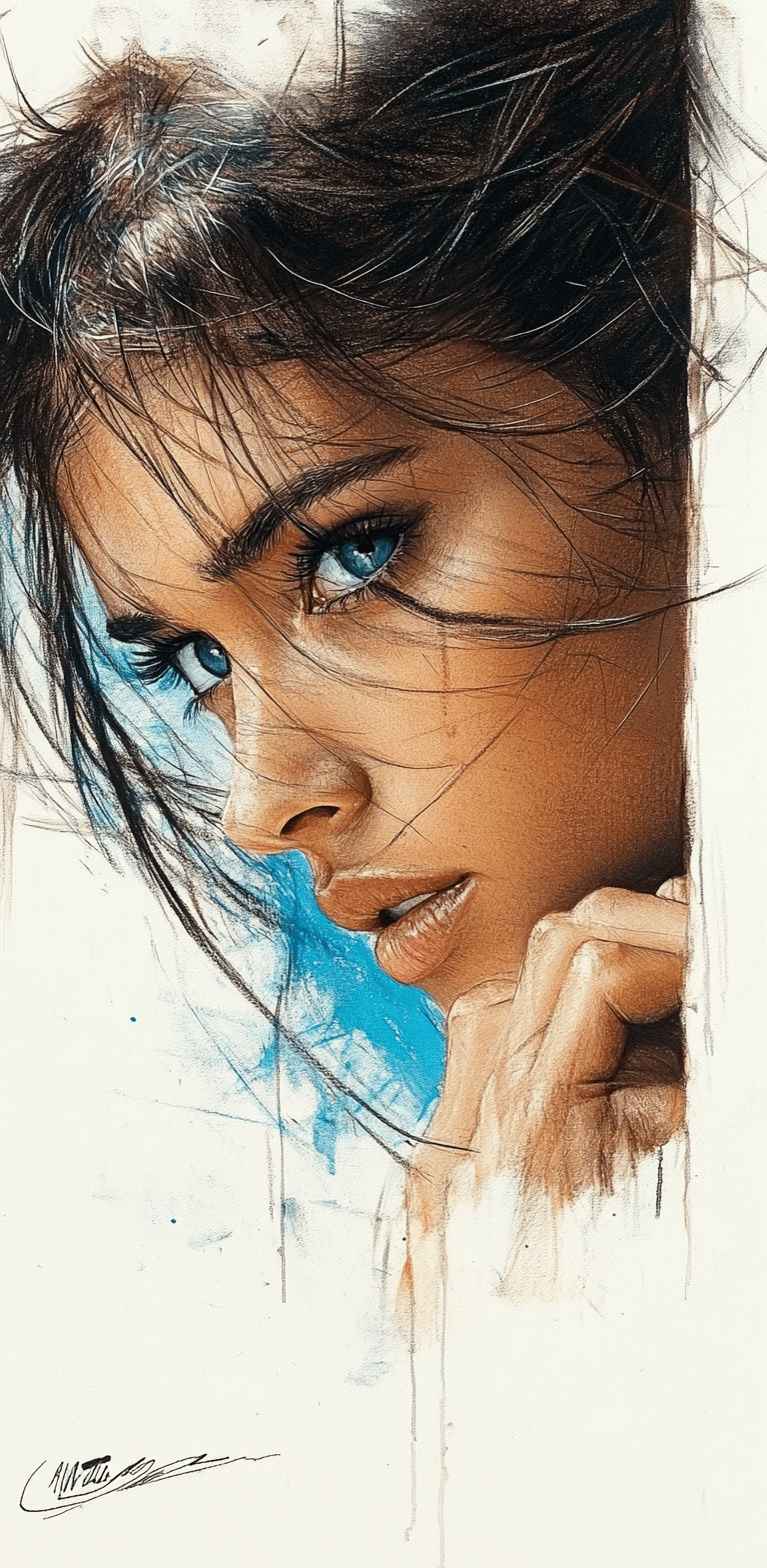 AI generated: An expressionist charcoal sketch, a stunningly beautiful woman with piercing blue-green eyes, bold, ...