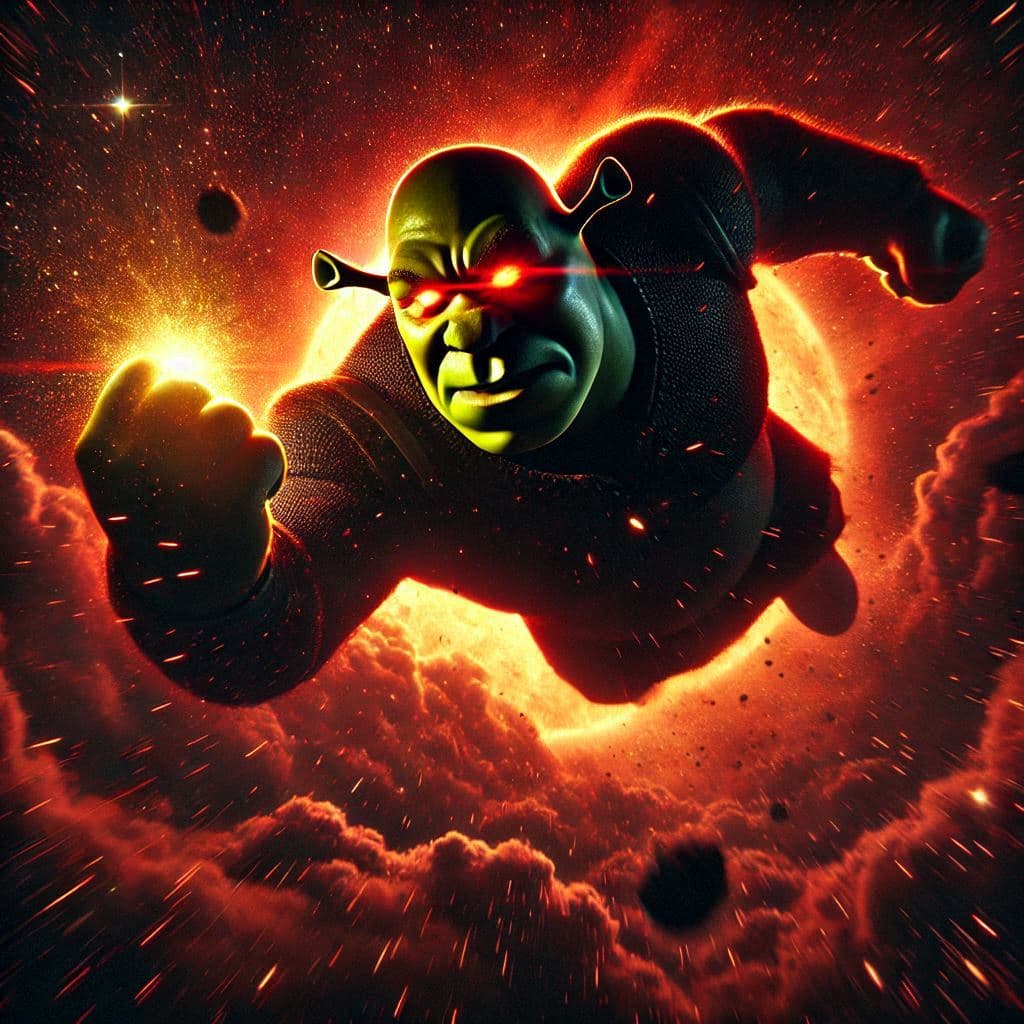 AI generated: vista de ángulo despaldas de figura oscura de Shrek heroico con determinación contrastado sobre fond...
