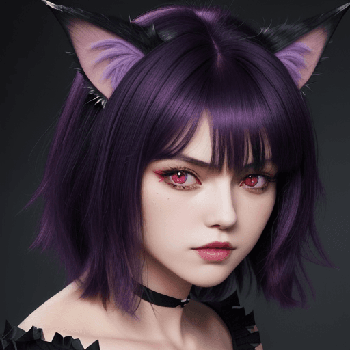 AI generated: women with short spiky dark purple hair with bangs, bat animal ears and red eyes in ryukishi07 artst...