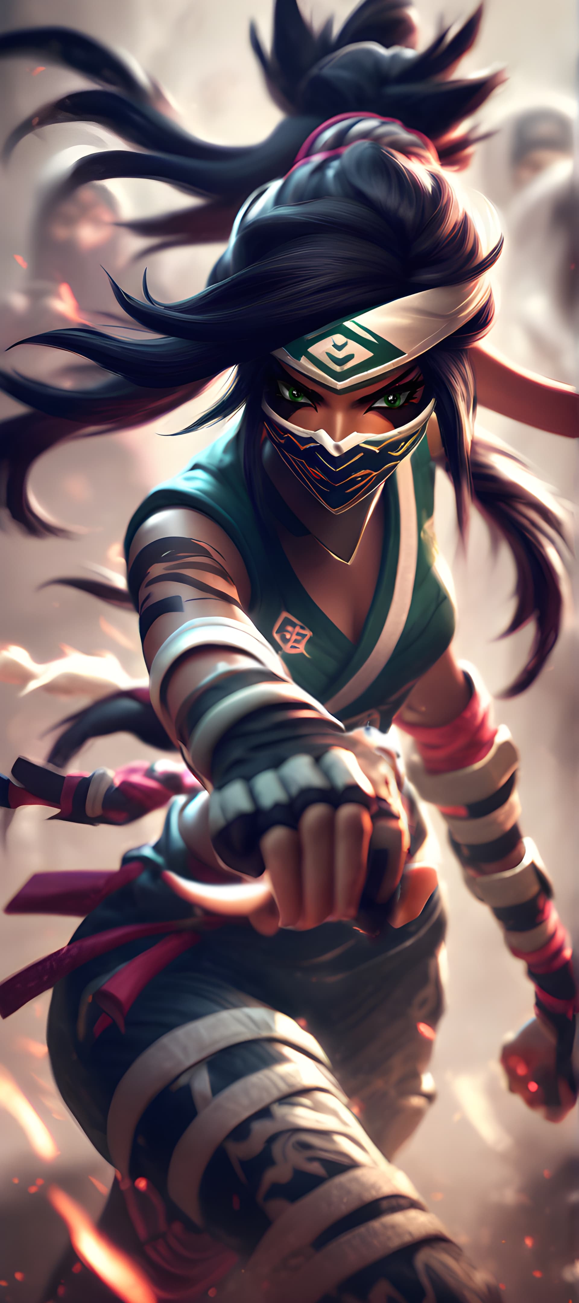 AI generated: The image by artstation, an artistic illustration featuring a Akali with a dark tan and black ninja ...