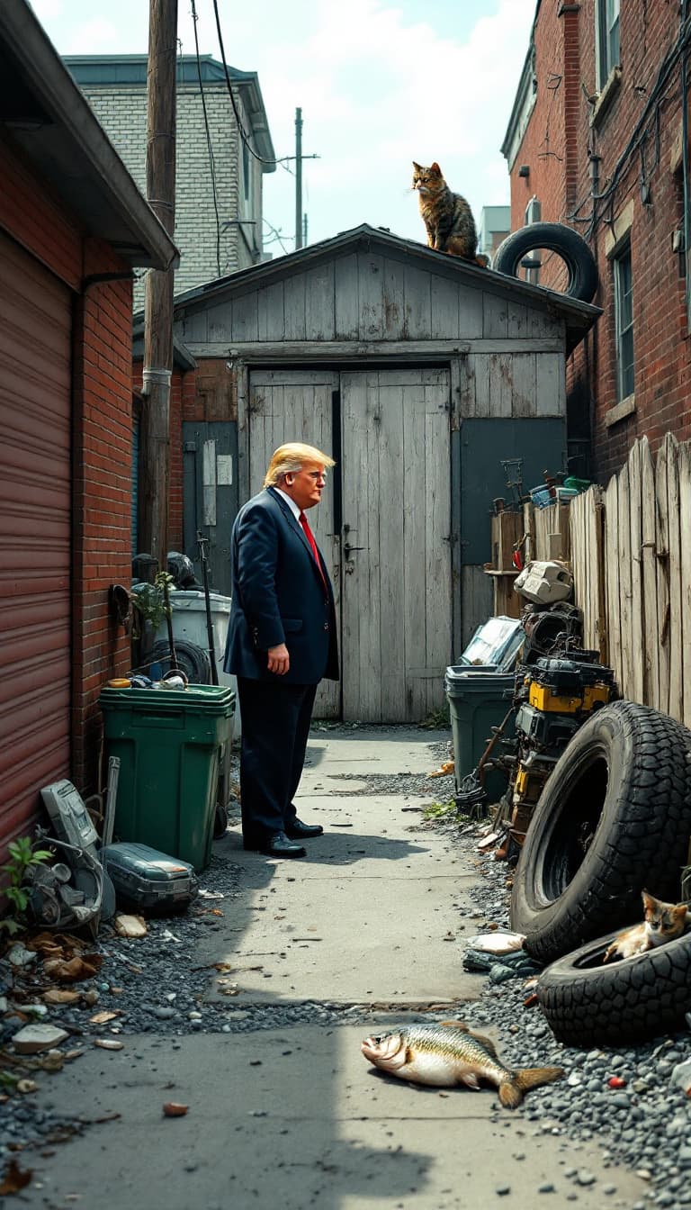 AI generated: a comic of donald Trump in an alley with trash cans and junk laying around with alley cats bums grav...