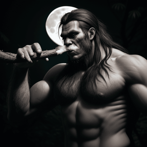 AI generated: scary, black hair and muscular hairy body giant smoking tobacco on a branch of a tree, full moon in ...
