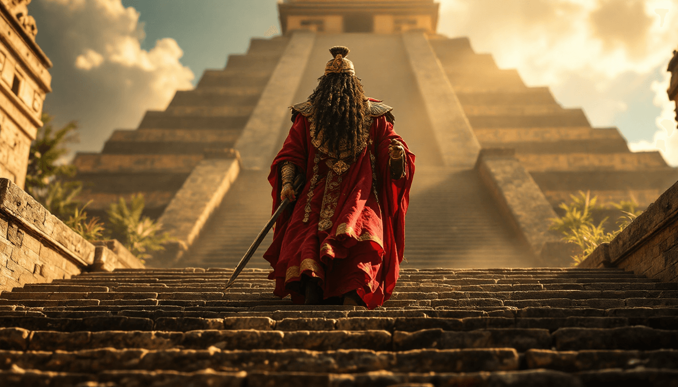 AI generated: Cinematic shot of a history movie, Aztec priest, temple steps, pre-Columbian Mexico, high noon, Azte...