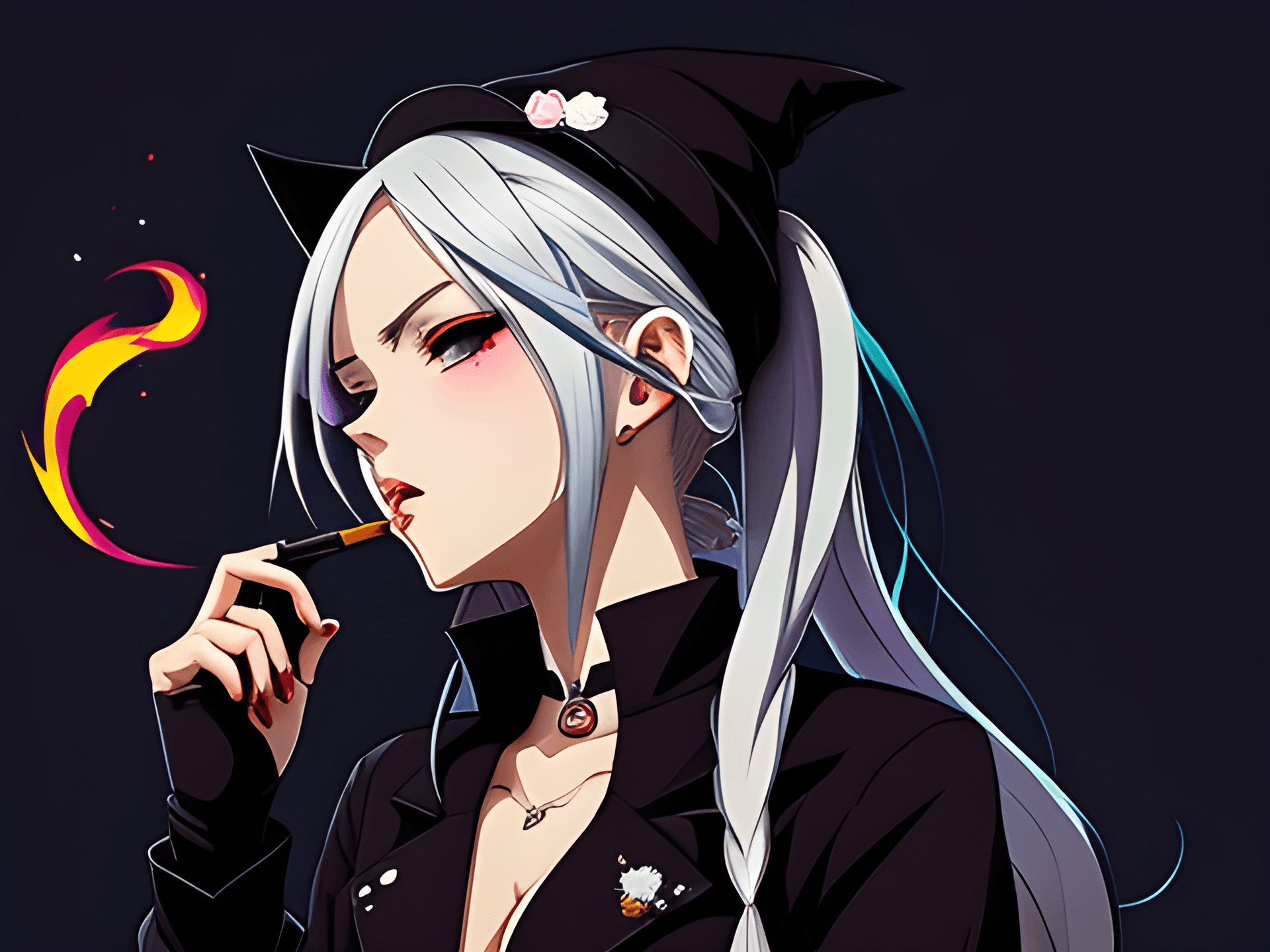 AI generated: anime girl with white hair smoking a cigarette, artwork in the style of guweiz, loish art style, got...