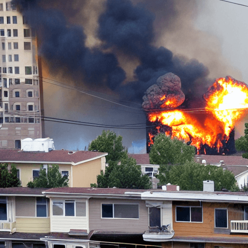 AI generated: Dui explosions and escalating smoke columns from the surrounding residential buildings in the city, ...