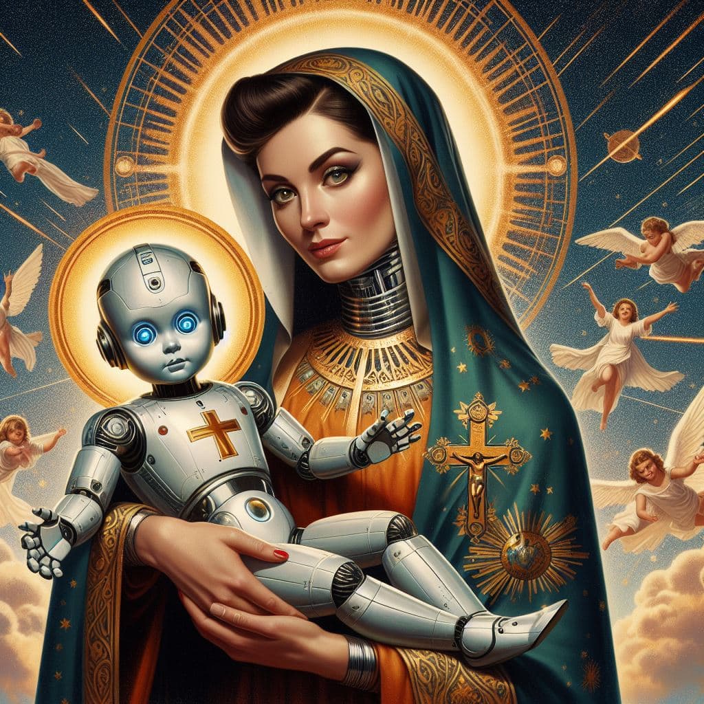 AI generated: A human mother dressed as a saint inspired by Catholicism holding a robot baby, art reminiscent of t...