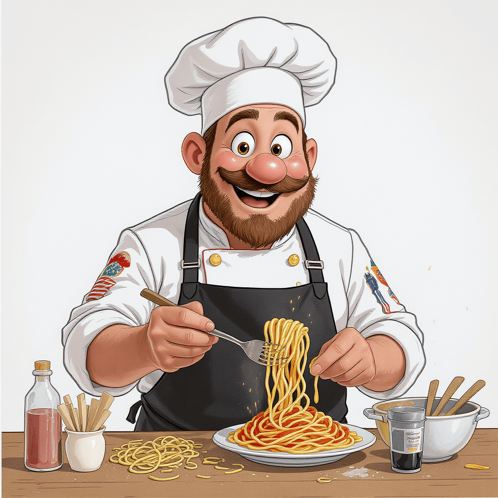 AI generated: A cartoon realistic chef wearing an apron and making spaghetti 