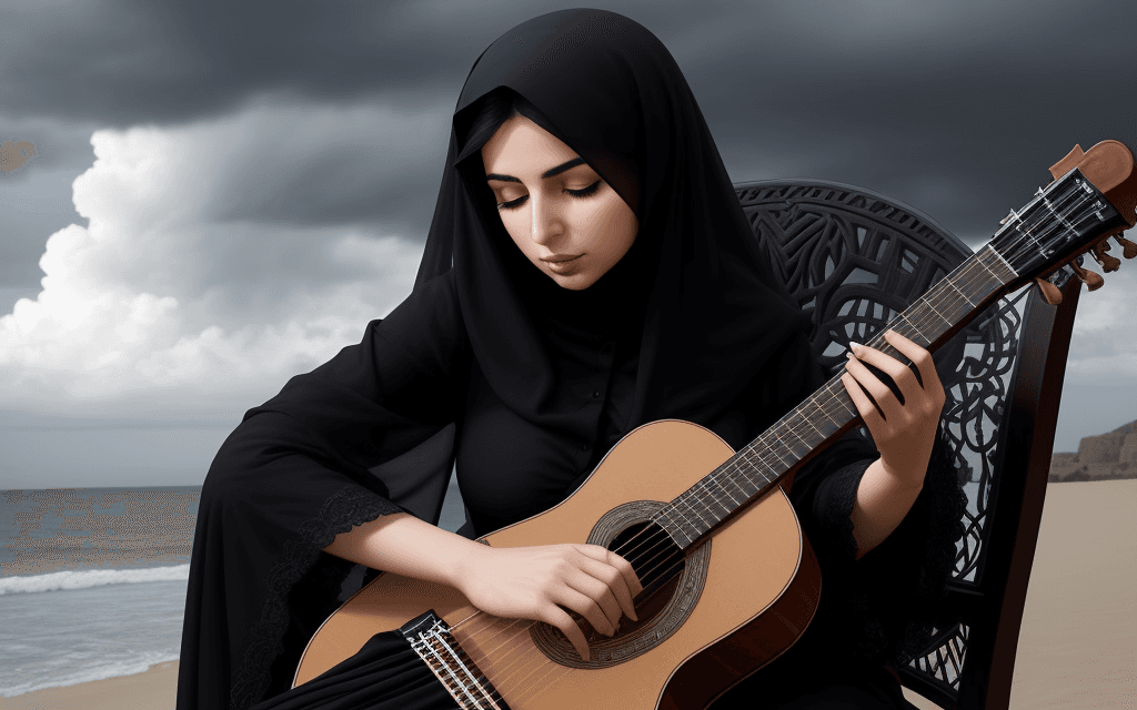AI generated: A persian woman in black chador sitting on a chair near sea playing classical guitar, closed eyes, c...