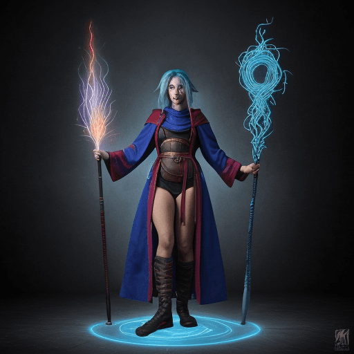 AI generated: izzet female human mage, full body, staff in hand:: tall man, wild blue hair, wearing a robe, cowl, ...