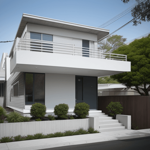 AI generated: Hyper realistic eye level exterior photo of a small mid century modern style duplex house building f...