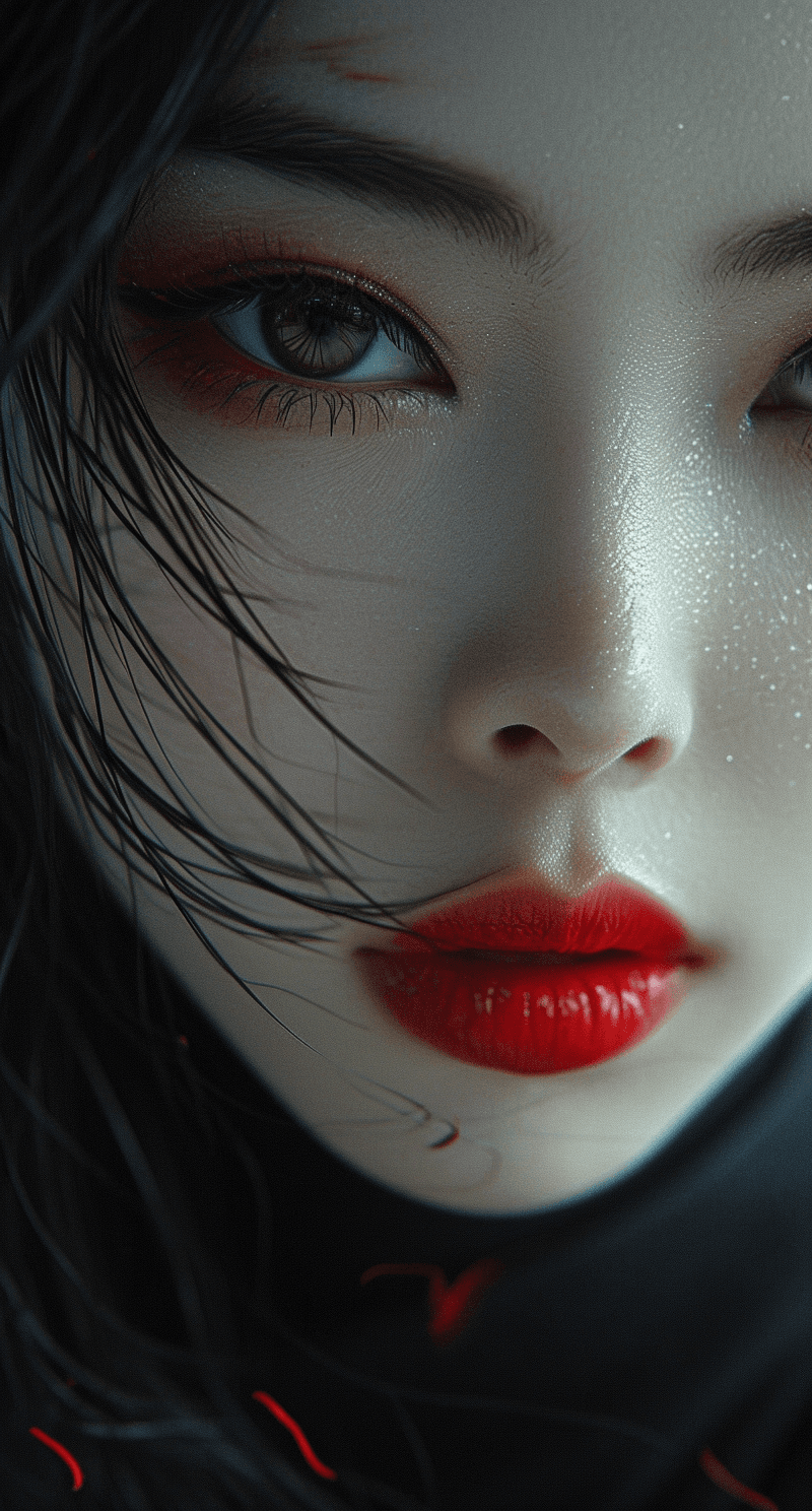 AI generated: a Japanese woman with red makeup and dark hair, in the style of futuristic realism, dark white and d...