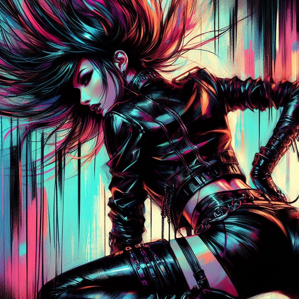 AI generated: aesthetic, painterly style, modern ink, gothic girl bended, very tight leather clothes, very colorfu...
