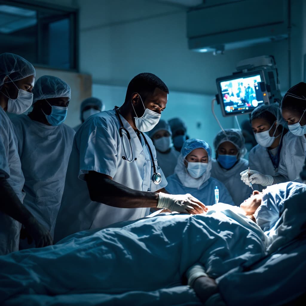 AI generated: An African medical doctor at an overcrowded overly populated emergency room with a stethoscope aroun...