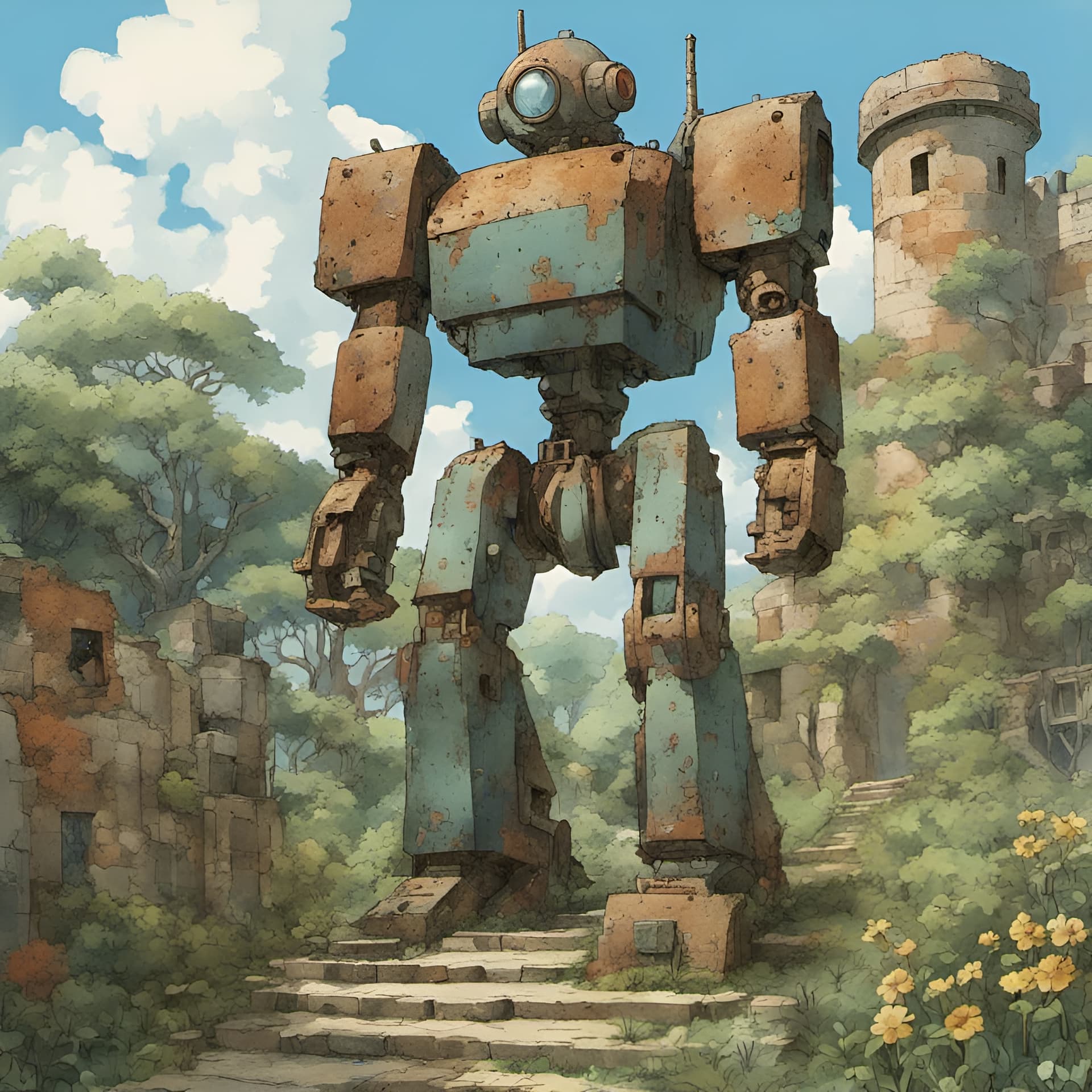 AI generated: ancient ruins of a giant robot, rusted metal and lichens cover robot, ornamental flower gardens with...