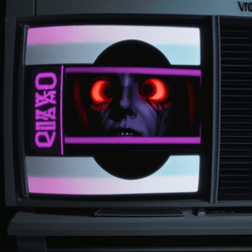 AI generated: evil lurking , 80s movie style, spooky vhs glitch on tv screen, v1