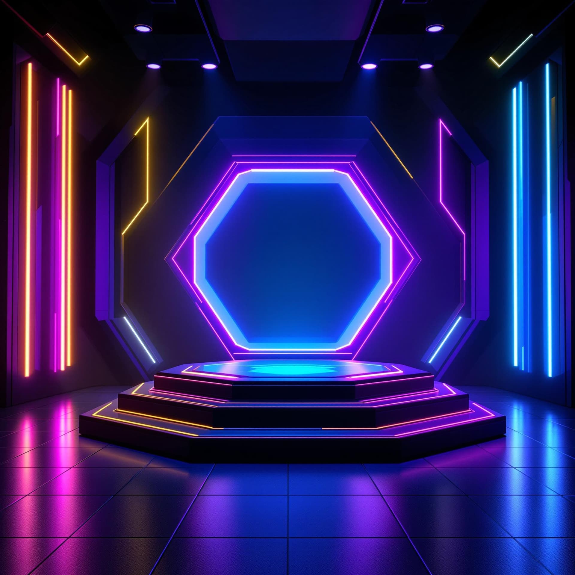 AI generated: Futuristic empty square hexagon shaped podium stage with neon lights of blues, yellows and pinks wit...