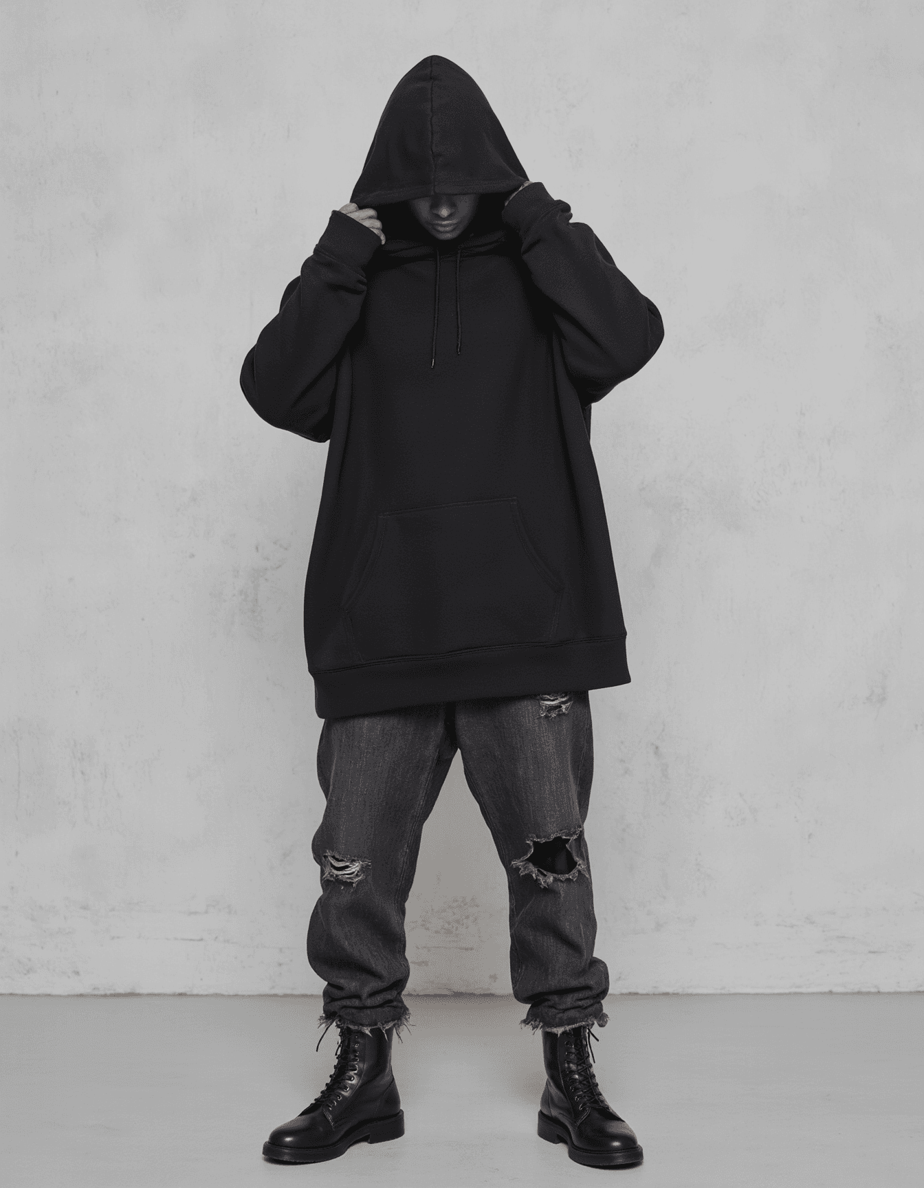AI generated: A person wearing an oversized black hoodie with the hood up, obscuring their face. They are also wea...