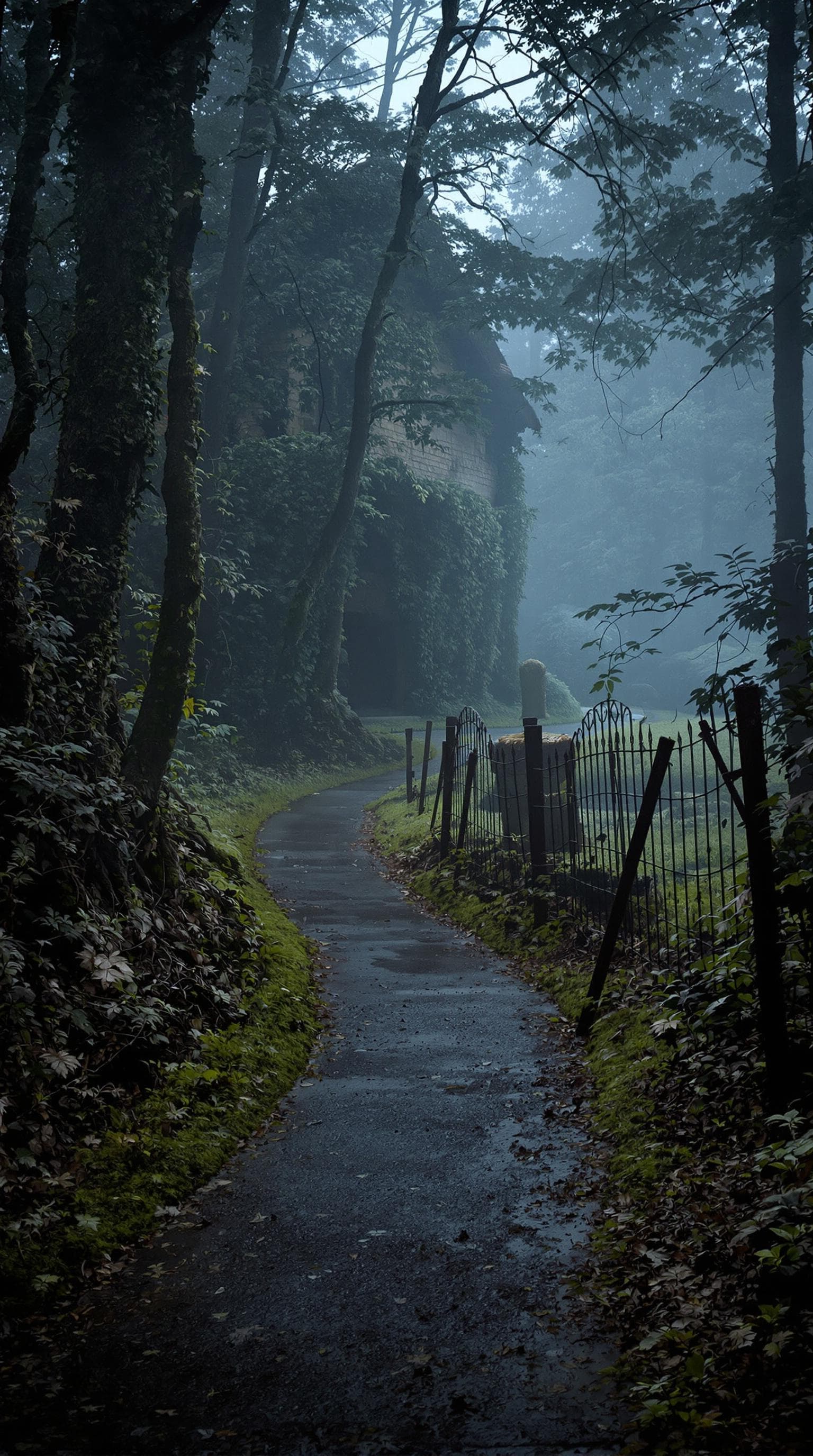 AI generated: A hyper-realistic forest path at dusk, winding through dense, mist-covered trees. The ground is over...