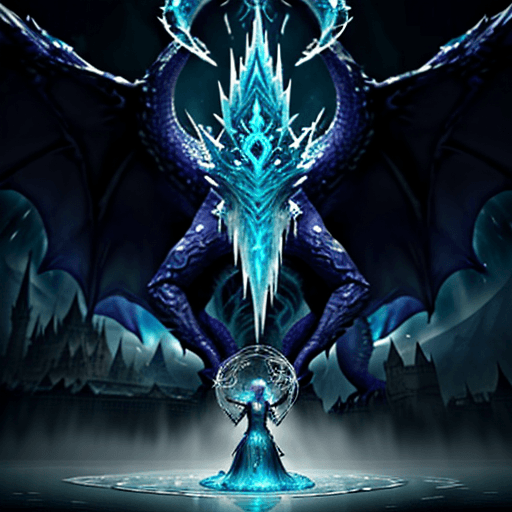 AI generated: A badass warlock woman made of water and ice summoning a giant dragon, tears of ice, occult symbols ...