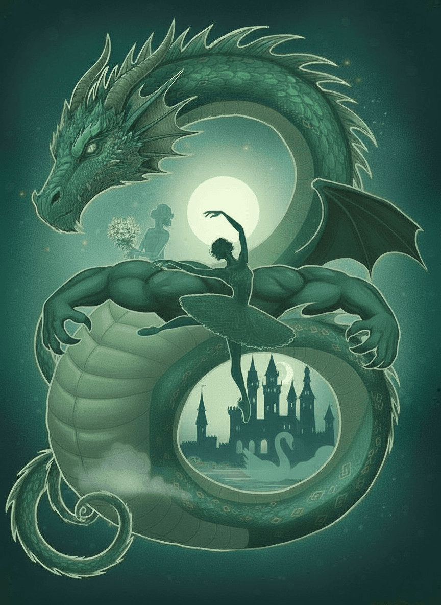 AI generated: add swan slightly transparent, remove the wing behind the castle, remove the moon behind the castle,...