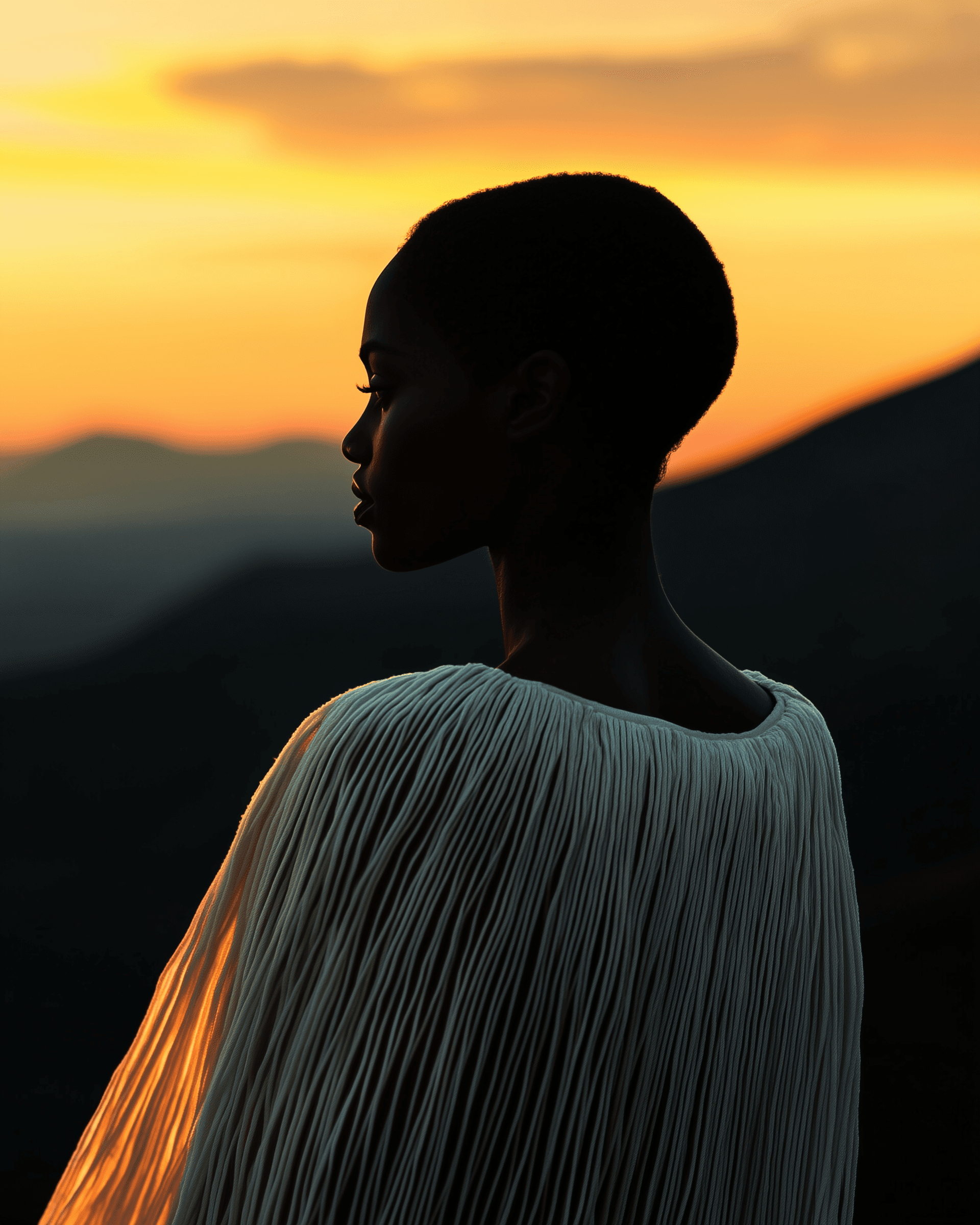 AI generated: A fashion photo of an African woman in a white fringed cape, on top of a mountain overlooking the su...