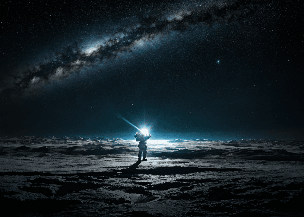 AI generated: Realistic photo of an astronaut wearing a helmet, Walking on 'magical colorful neon (soil:1.1)' surr...