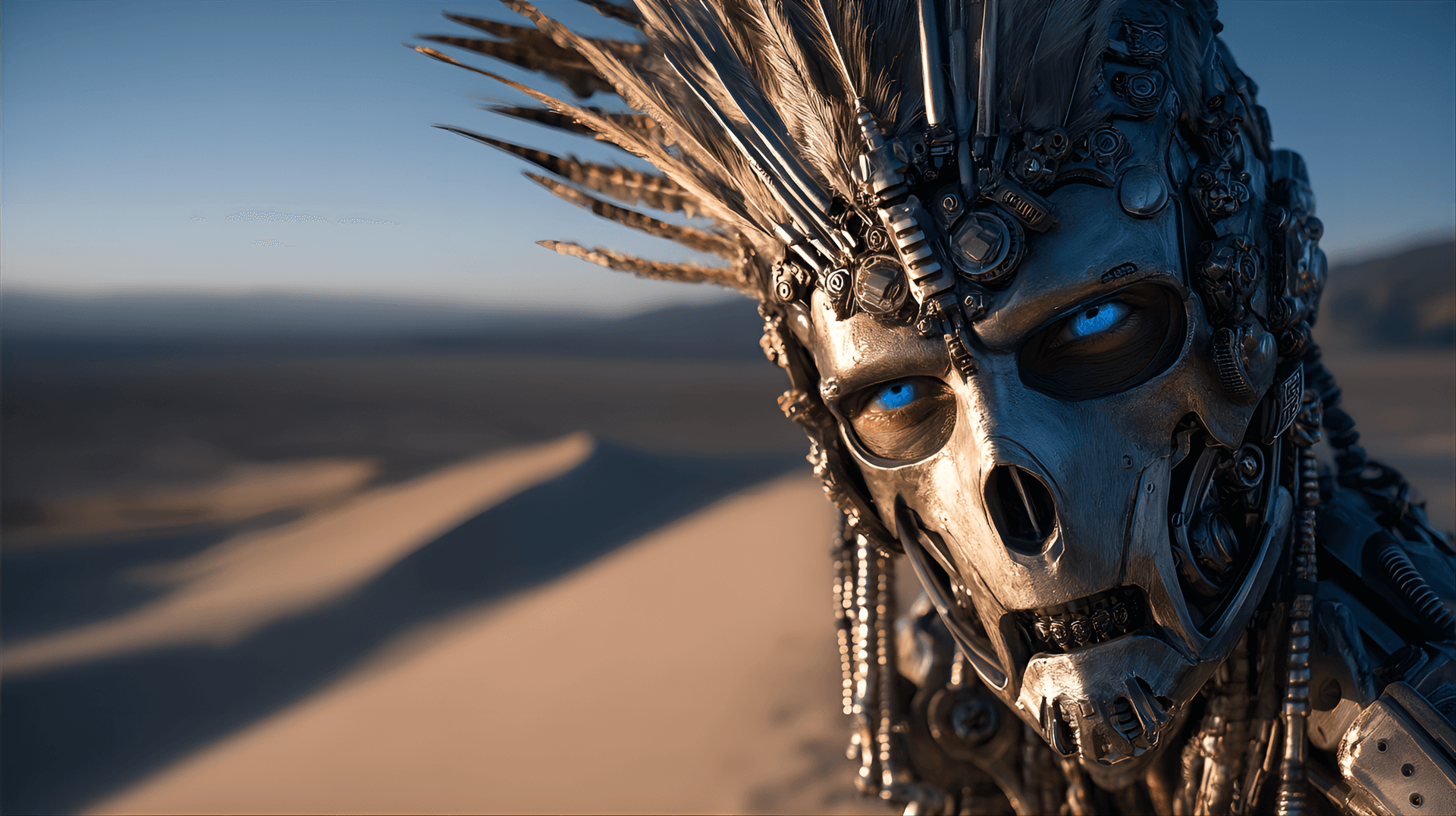 AI generated: biomechanical warrior, cinematic, metallic exoskeleton fused with organic tissue, intricate silver h...