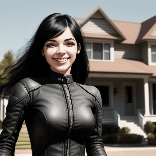 AI generated: Woman wearing the house, stylized motorcycle, has black eyes, black hair, unreal beauty, smiling.