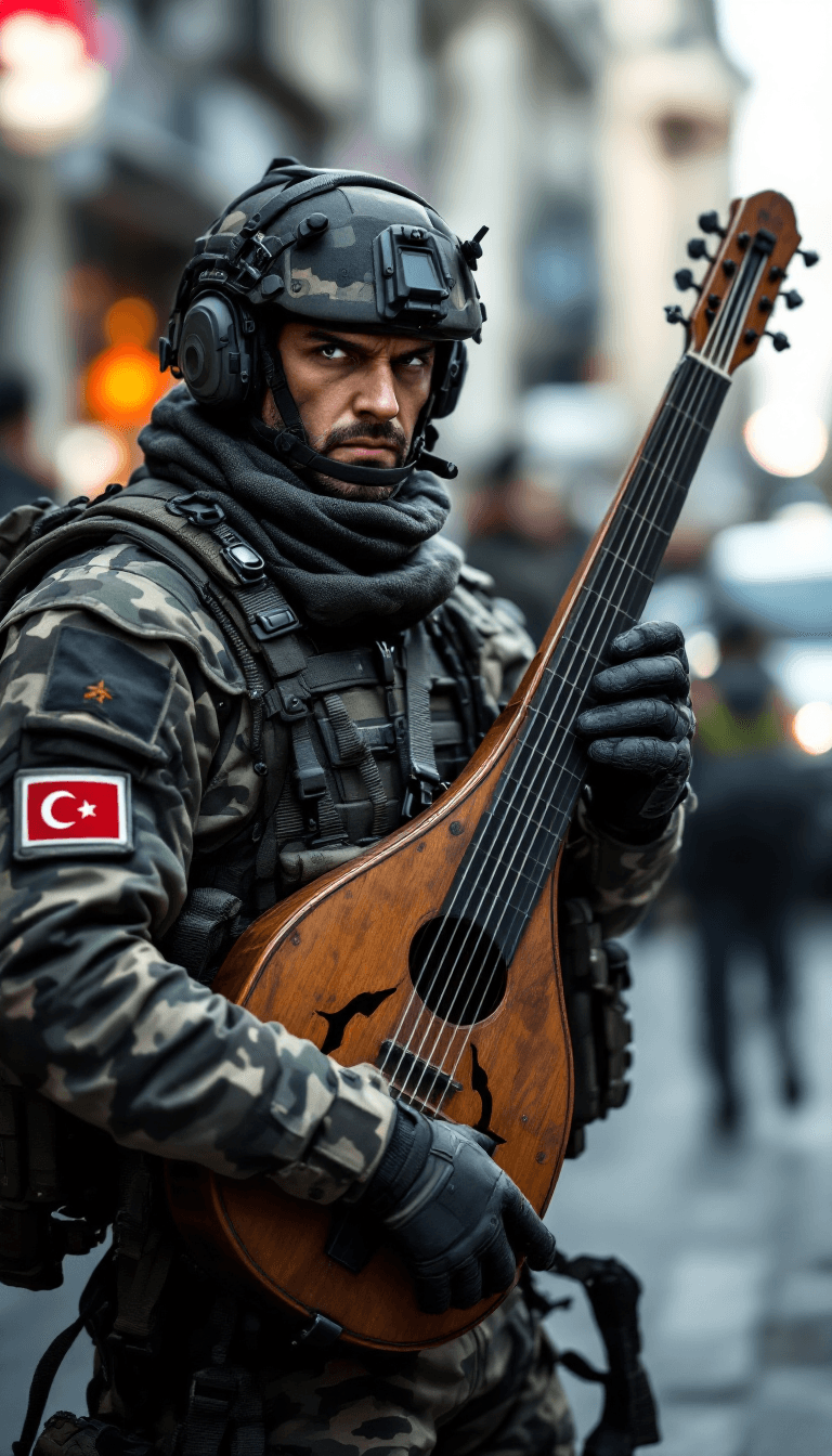 AI generated: /imagine prompt: A fierce, modern Turkish soldier dressed in advanced military tactical gear, with c...