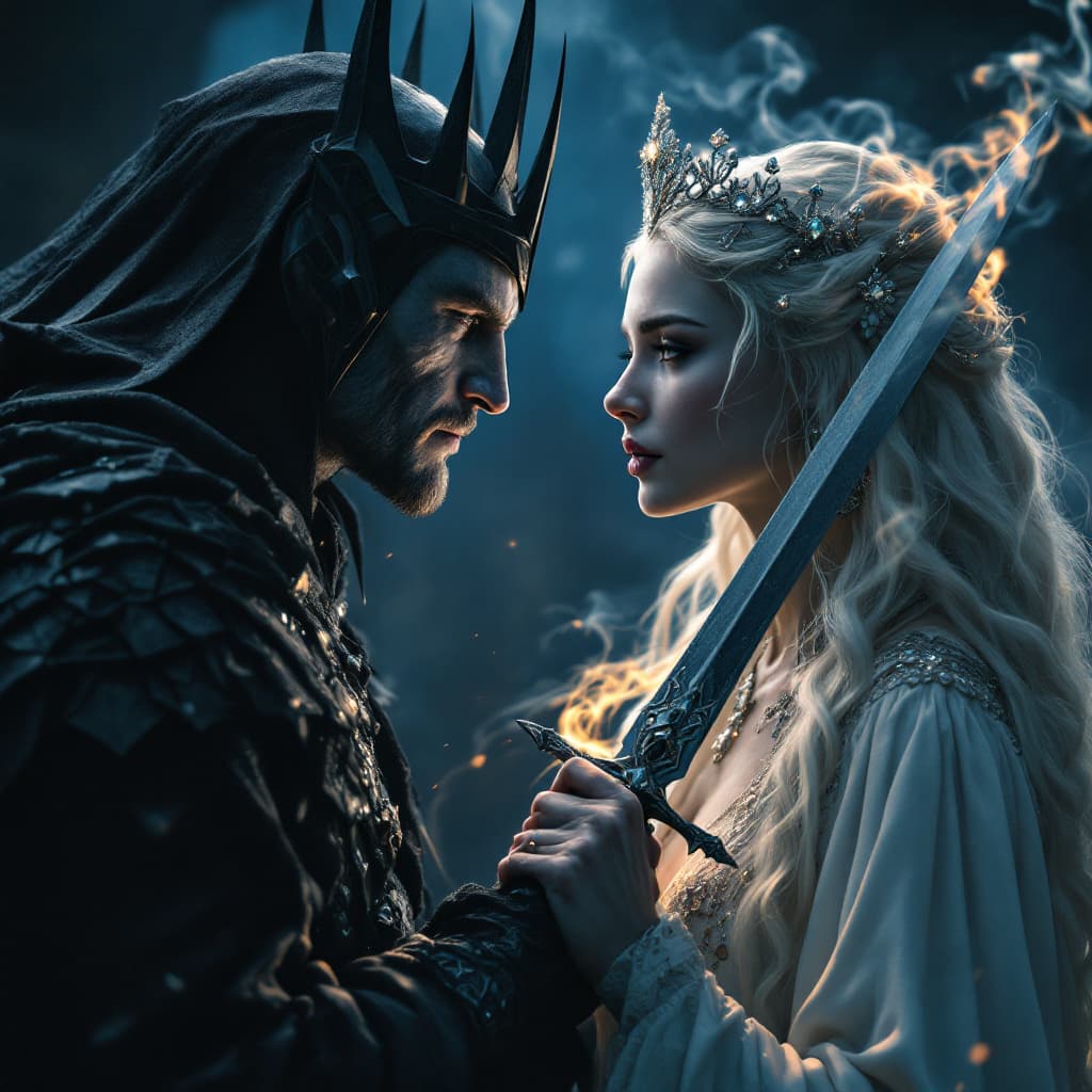 AI generated: A close-up, cinematic painting of Sauron with the face of young Annatar and Galadriel with a focused...