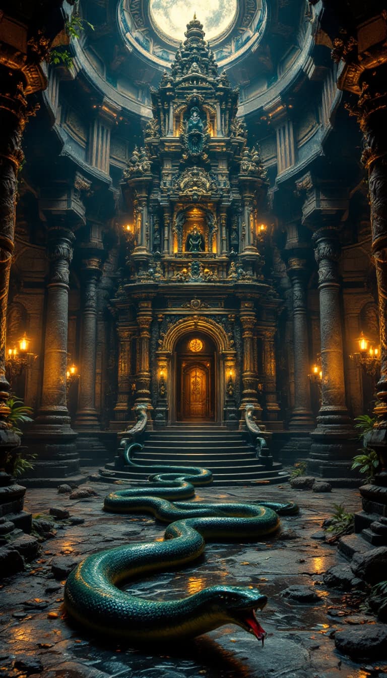 AI generated: HIGH DEFINITION -mysterious indian temple with real snakes