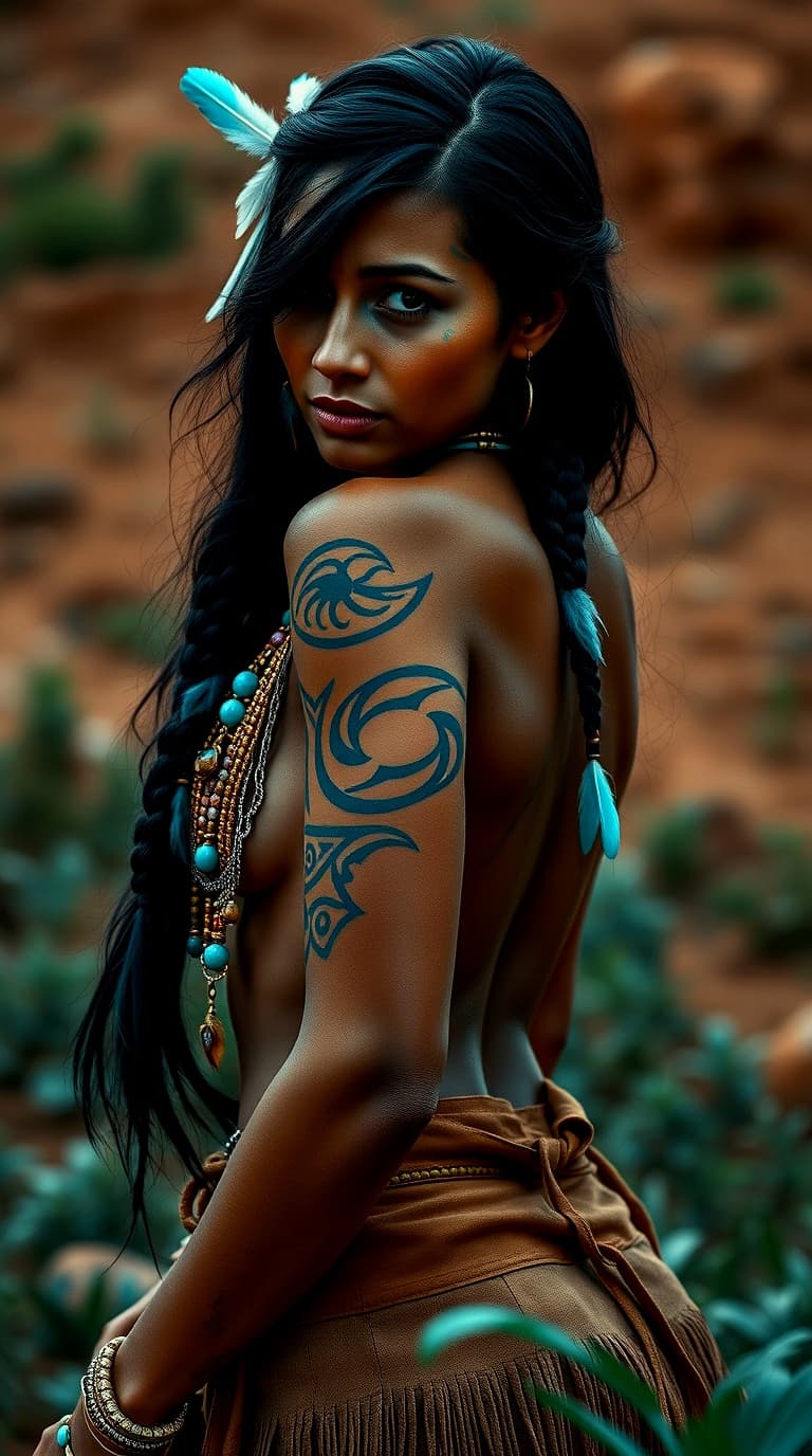 AI generated: A realistic, full body view of a gorgeous, Native American female that is around 25 years old. She h...