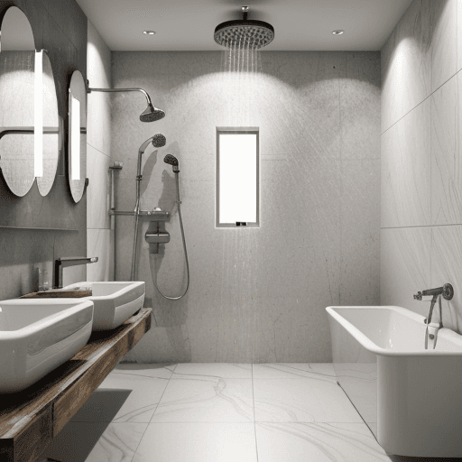AI generated: High resolution photography interior design, shower,marble floor tiles ,wc,bidet,spot lights,led lig...