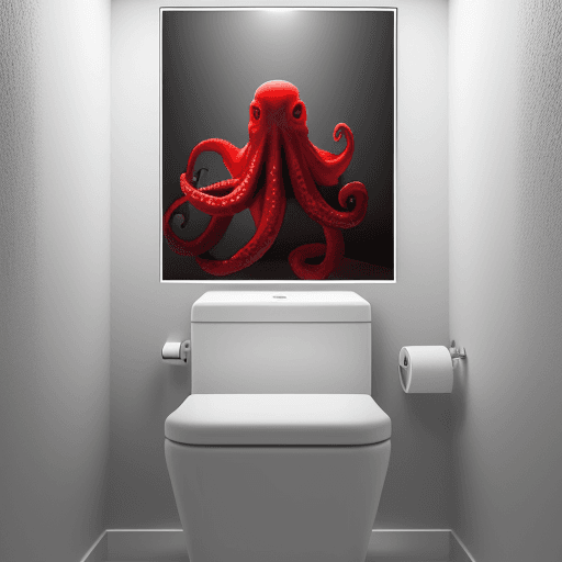 AI generated: red octopus ::1 reading the newspaper sit on a toilet, white lights, white tones, white wall, mirror...