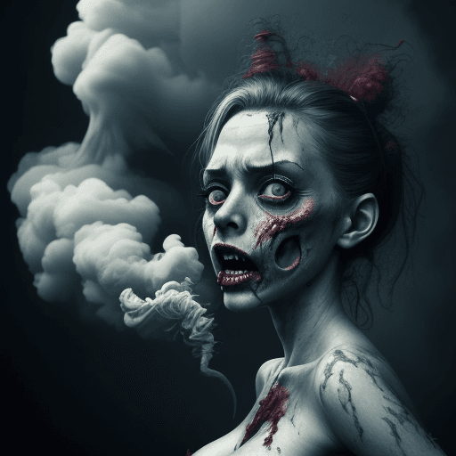 AI generated: sexy zombie female in pain in cloud of smoke, lizard skin, artistic, aesthetic modern art, hyper-rea...