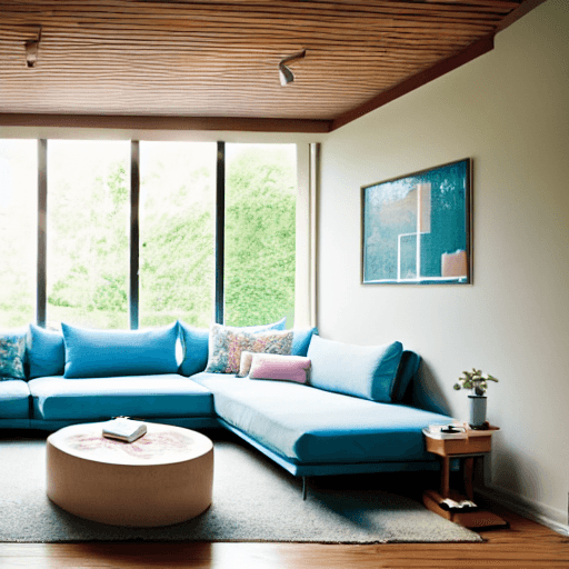 AI generated: high resolution photography interior design, dreamy sunken living room conversation pit, wooden floo...