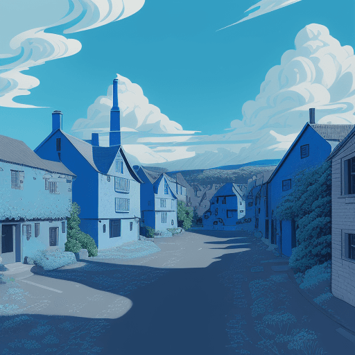 AI generated: Village scenery, in the style of crisp neo-pop illustrations, sky-blue, nightcore, trompe-l'œil illu...