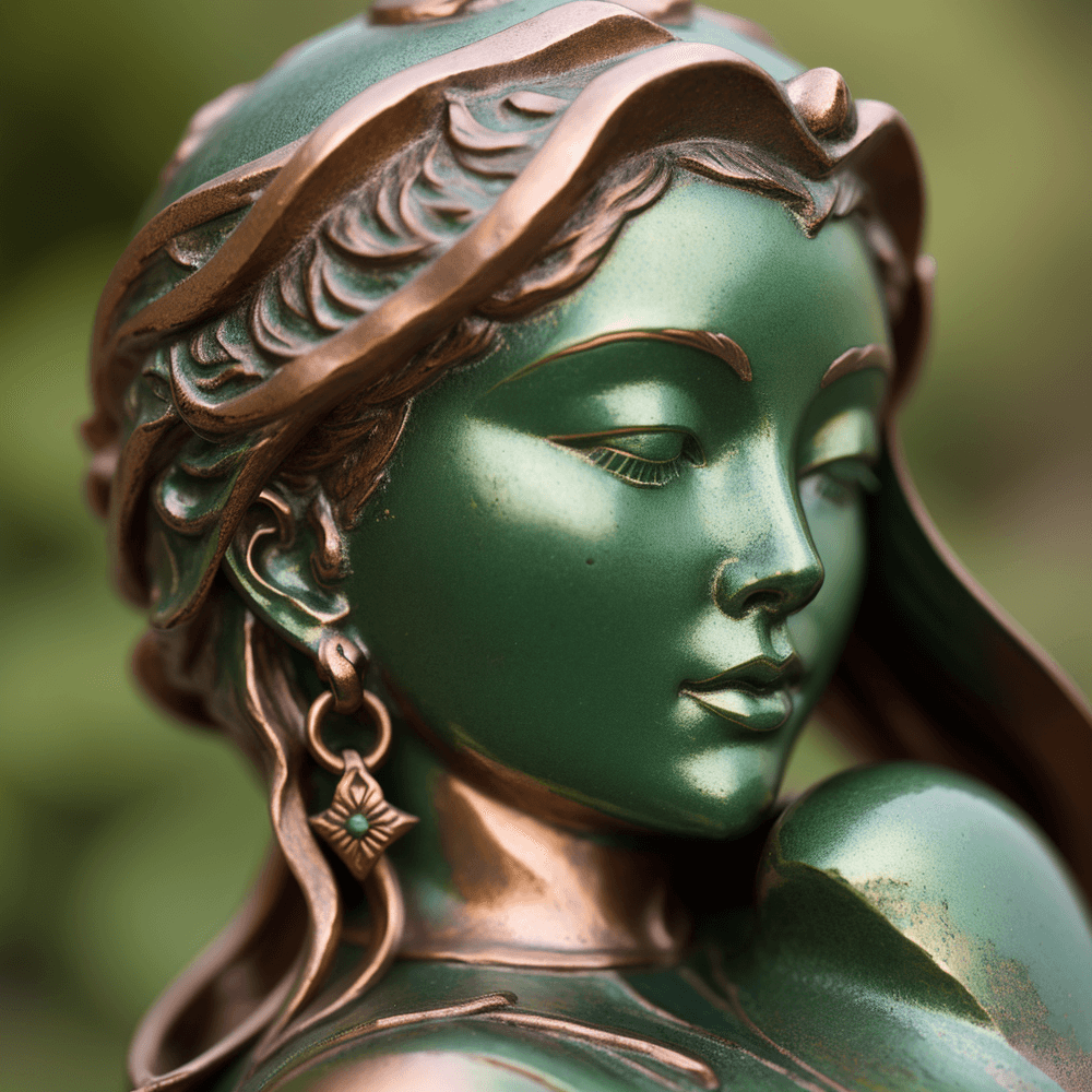 AI generated: copper sun princess statue,deep green patina, realism, realistic , macro, fine details, dof, chromat...