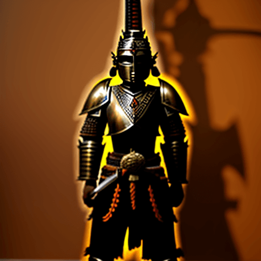 AI generated: Majapahit warrior, full armor, bronze, keris and sword, 
