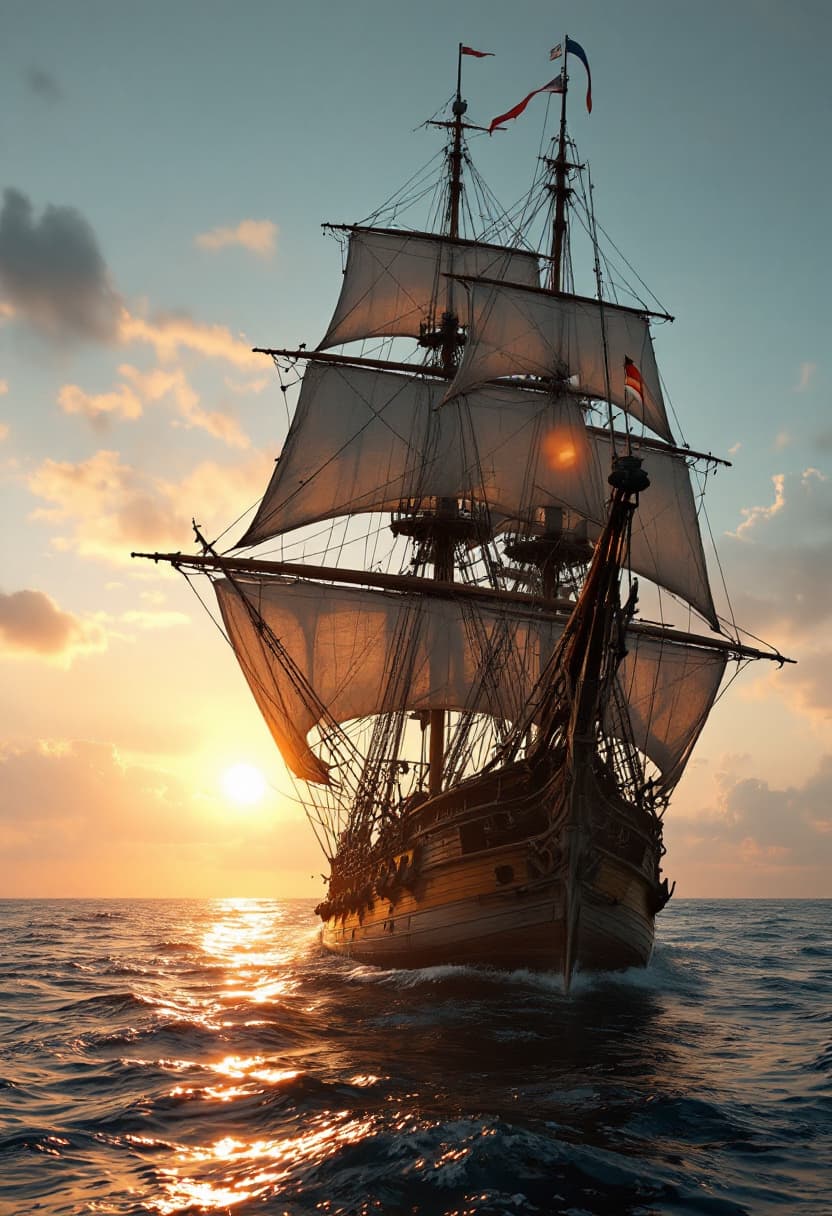 AI generated: Photo of a ultra realistic sailing ship, dramatic light, pale sunrise, cinematic lighting, battered,...