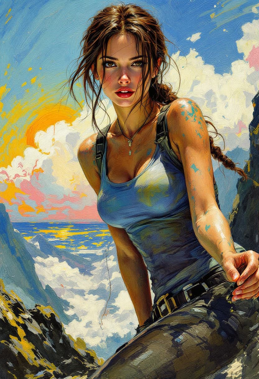 AI generated: Portrait tilted at 45 degrees, dynamic pose,  Lara Croft: Tomb Raider, Art Nouveau, Neo-Impressionis...