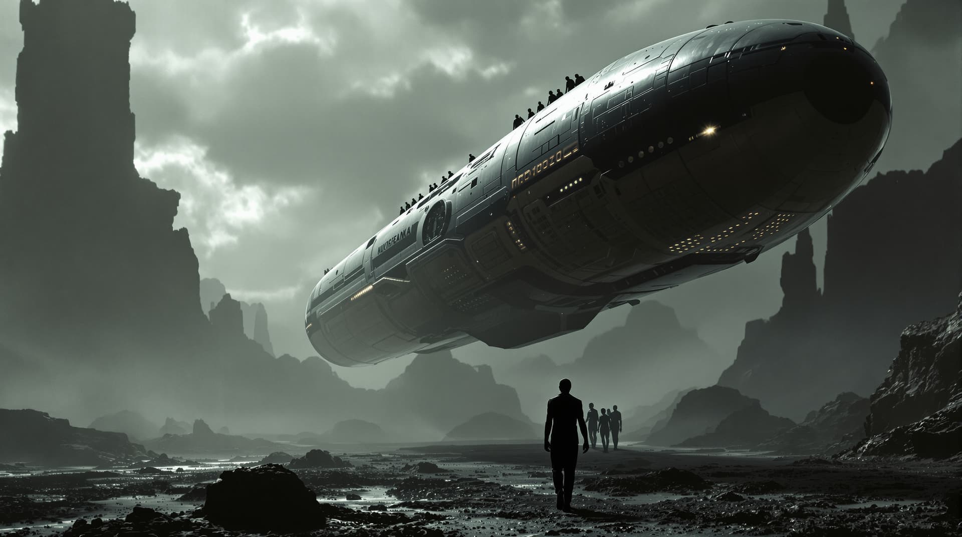 AI generated: A cigar shaped alien spaceship landing with a group of 7ft tall black people getting off, cinematic ...