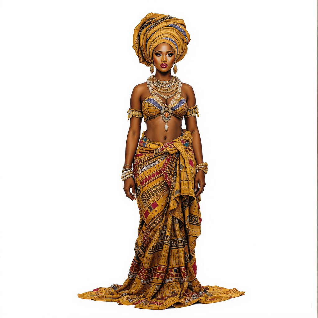 AI generated: full-body image of A vibrant acrylic oil painting of an African woman with flawless makeup, embodyin...