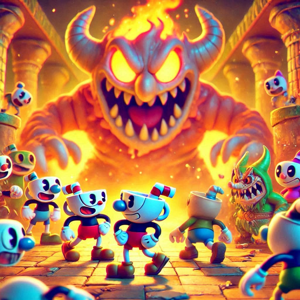 AI generated: Render 3D de alta calidad con personajes inspirados en Cuphead, representados con texturas suaves y ...