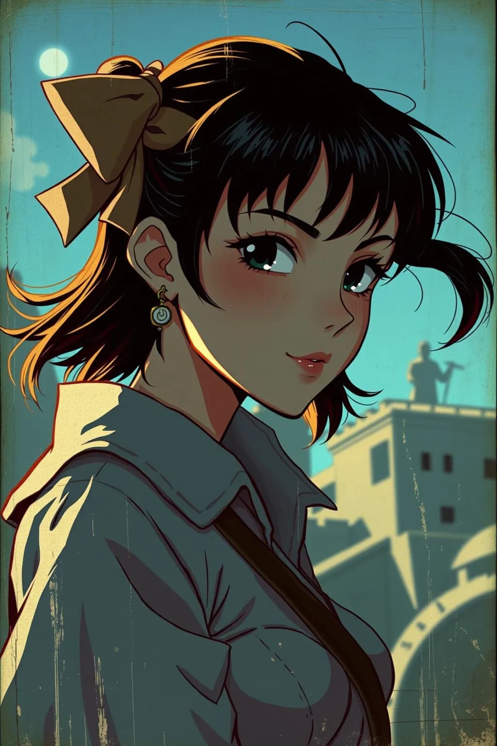 AI generated: An old scratched photo, Cinematic Anime, Cool Girl by Todd Lockwood