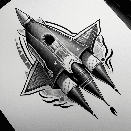 AI generated: Rocket ship bending in the middle like a bucking bull, American traditional style, black and gray, s...