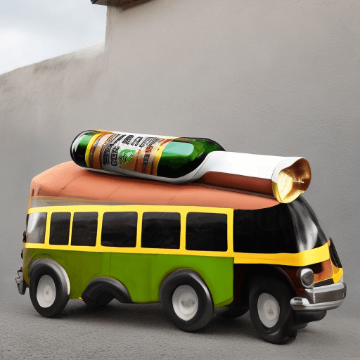 AI generated: One horizontal beer bottle that looks like a bus on wheels, cerveza costeña