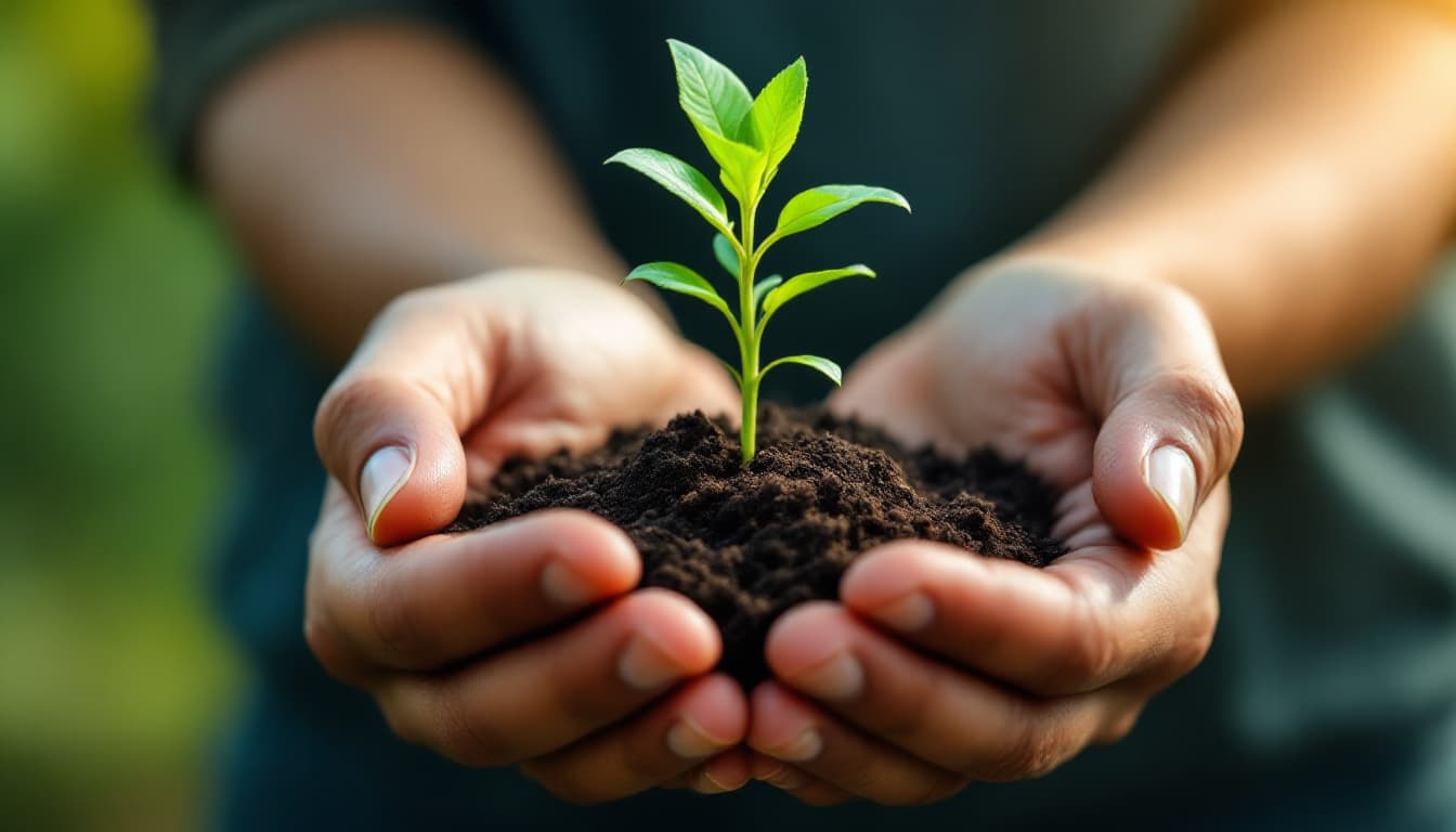 AI generated: Close-up of hands holding a small plant growing out of soil, symbolizing sustainability